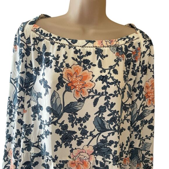 LOFT Floral Neck Details Blouse in white Sheer Floral Print L Navy and Peach - Picture 4 of 6
